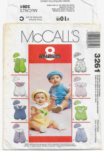 Infants' Rompers with Snap Crotch and Hat Sewing Pattern Size Small-XL UNCUT McCall's 3261