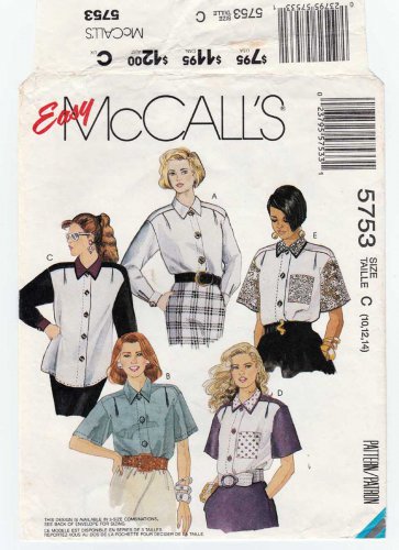 Women's Blouse Sewing Pattern, Long or Short Sleeves, Misses' Size 10-12-14 UNCUT McCall's 5753