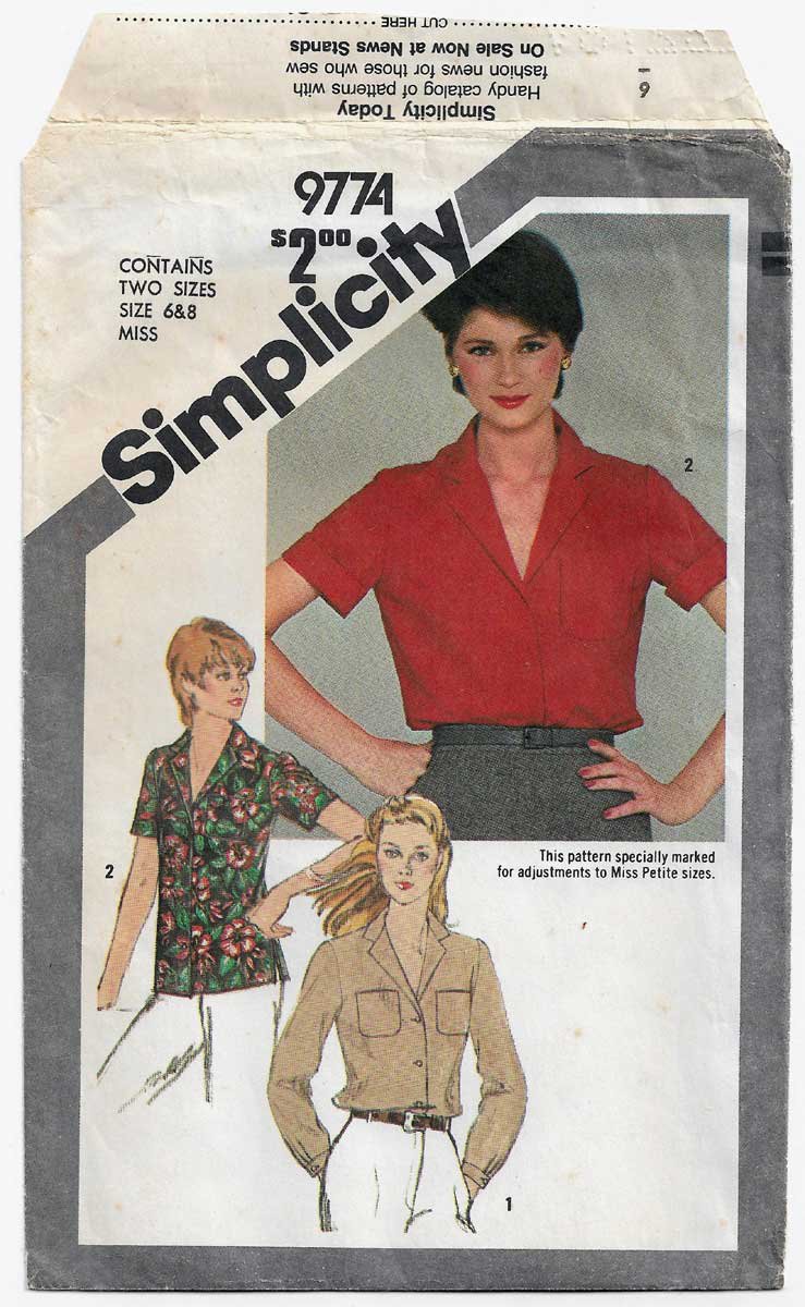 Women's Shirt Pattern, with Long or Short Sleeves, Misses' Size 6-8, UNCUT Vintage Simplicity 9774