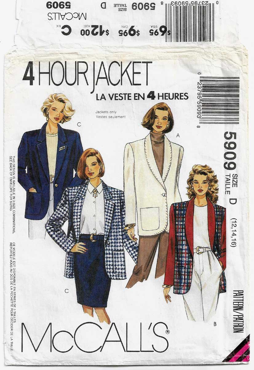 Women's Shawl or Notched Collar Jacket Pattern, Misses Size 12-14-16 ...