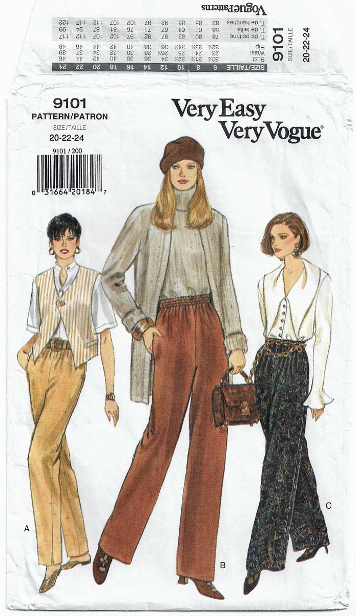 Womens Elastic Waist Pants Sewing Pattern Size 20 22 24 Uncut Very Easy Vogue 9101 6693