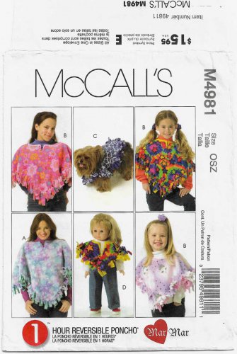 Reversible Poncho Sewing Pattern, Children, Dolls, Dogs, Women UNCUT McCall's M4981 4981