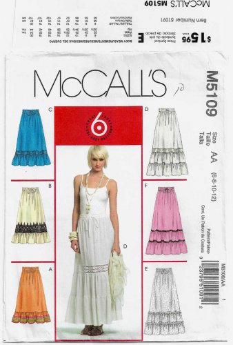 Women's Tiered Skirts, Elastic Waist, Sewing Pattern Size 6-8-10-12 UNCUT McCall's M5109 5109