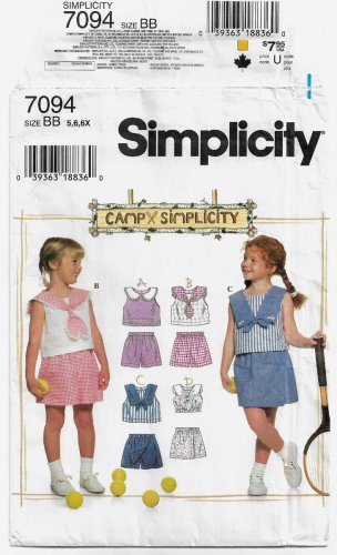 Girl's Top with Sailor Collar, Shorts Sewing Pattern Child Size 5-6-6X UNCUT Simplicity 7094