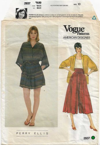 Women's Jacket and Culottes, American Designer Perry Ellis Sewing Pattern Size 10 UNCUT Vogue 2937