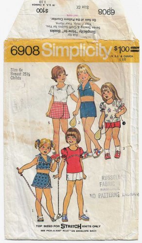 Girl's Summer Top, Halter Top, Skort, Shorts Sewing Pattern Size 6X Vintage 1970's Simplicity 6908