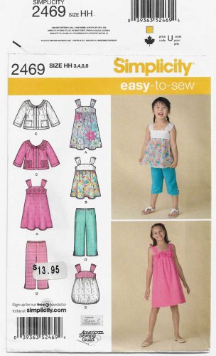 Girl's Dress, Top, Capri Pants, Jacket Sewing Pattern Child Size 3-4-5-6 UNCUT Simplicity 2469