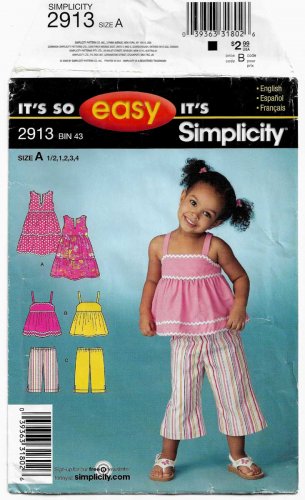 Toddler's Dress or Top and Cropped Pants Sewing Pattern Size 1/2-1-2-3-4 UNCUT Simplicity 2913