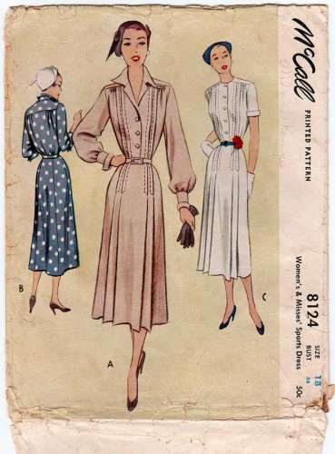 Women's 50's Style Dress Sewing Pattern Misses Size 18 Bust 36 Vintage 1950's McCall 8124