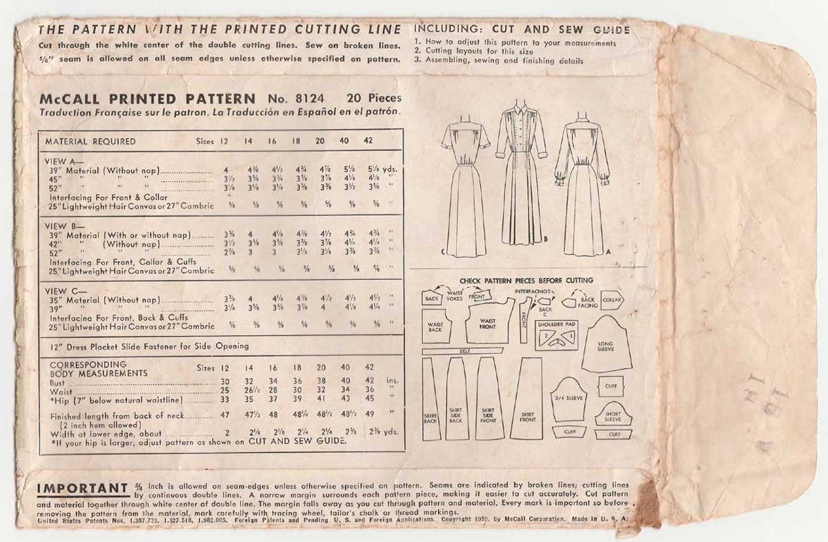 Women's 50's Style Dress Sewing Pattern Misses Size 18 Bust 36 Vintage ...