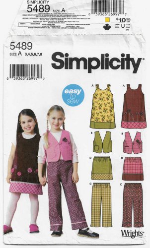 Girls Jumper, Vest, Elastic Waist Pants, Skirt Sewing Pattern Size 3-4-5-6-7-8 Uncut Simplicity 5489