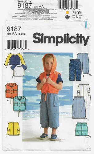 Boy or Girl Top, Pants, Skirt, Hooded Vest Sewing Pattern Child Size 3-4-5-6 UNCUT Simplicity 9187
