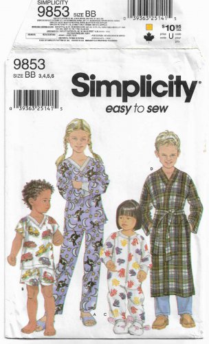 Pajamas, Sleeper, Wrap Robe, Children Sleepwear Sewing Pattern Size 3-4-5-6 UNCUT Simplicity 9853