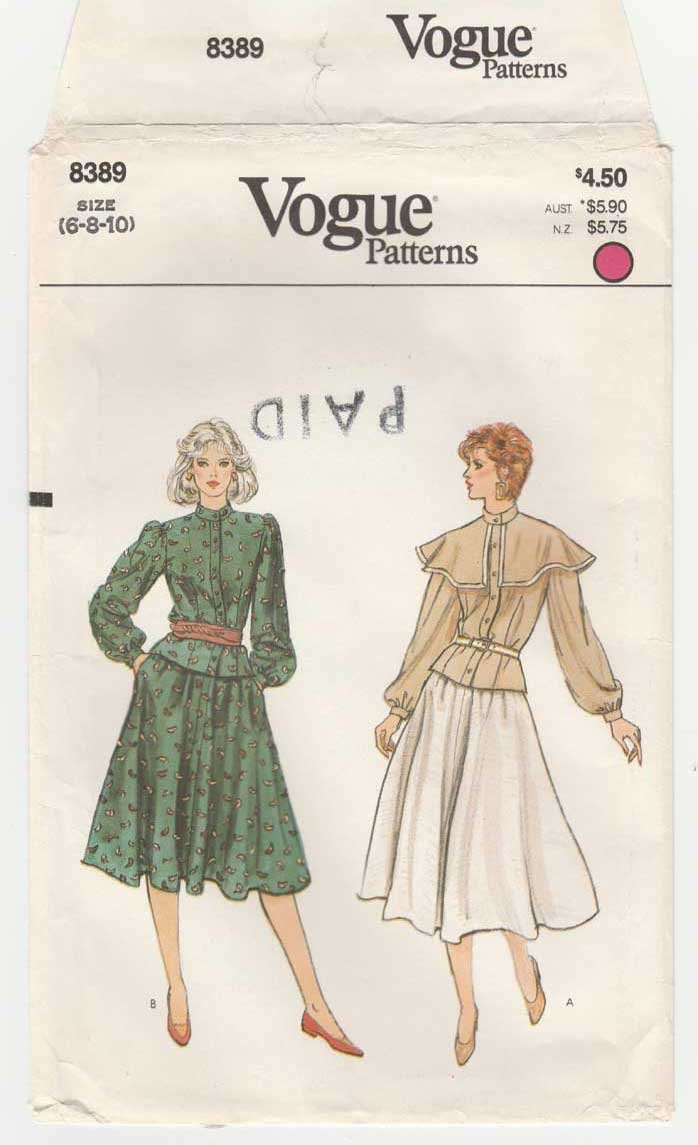 Women's Flared Skirt and Blouse with Capelet Sewing Pattern Misses Size 6-8-10 UNCUT Vogue 8389