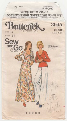Women's 1970's Maxi Dress, Top and Flared Pants Sewing Pattern Misses Size 12 UNCUT Butterick 3045