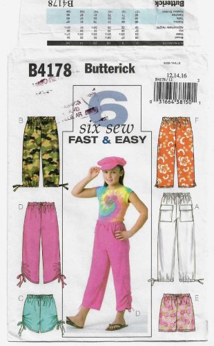 Girl's Capris, Pants and Shorts Sewing Pattern Size 12, 14, 16 UNCUT Butterick B4178 4178