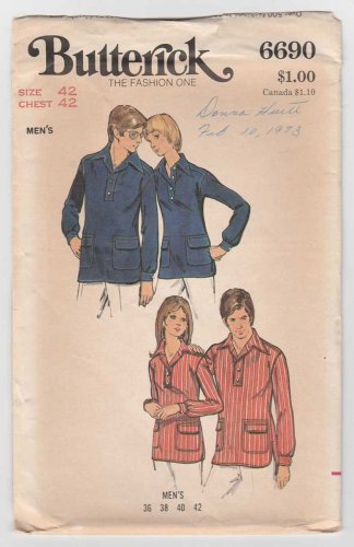 Men's Long Sleeve Shirt Sewing Pattern Chest Size 42 Uncut Vintage 1970's Butterick 6690