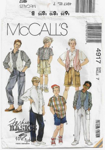Boys' Cargo Pants or Shorts, Shirt and Lined Vest, Sewing Pattern Child Size 7 UNCUT McCall's 4917