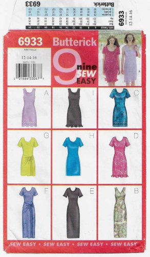 Women's Fitted Dress Sewing Pattern, Sleeveless, Shortsleeve, Size 12-14-16 UNCUT Butterick 6933