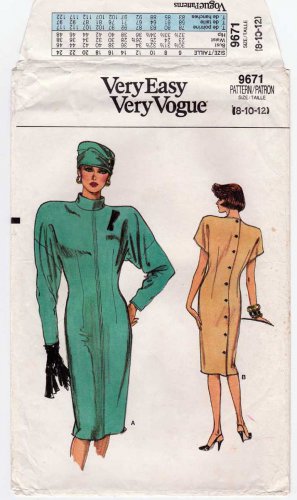 Women's Straight Dress Sewing Pattern, Stand Up Collar, Size 8-10-12 Vintage 1980's UNCUT Vogue 9671