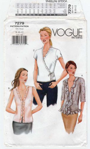 Women's Blouse Pattern, Sleeveless, Short or Long Sleeves, Ruffles, Size 8-10-12 UNCUT Vogue 7279