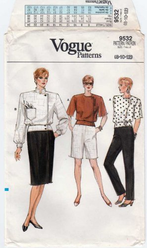 Women's Top, Mock Wrap Skirt, Pants and High Waist Shorts, Size 8-10-12 UNCUT Vtg 1980's Vogue 9532