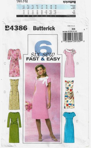 Women's Sheath Dress Sewing Pattern, Size 8-10-12-14 UNCUT, 6 Sew Fast & Easy Butterick B4386 4386