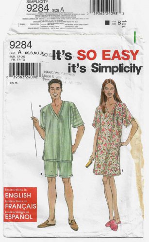 Women's, Men's, Teens' Summer Sleepwear Sewing Pattern Unisex Size XS-S-M-L-XL UNCUT Simplicity 9284