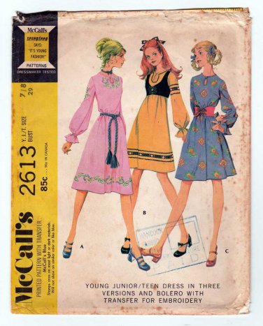 Girl's Dress with Bolero Sewing Pattern, Young Junior Size 7/8 Bust 29 Vintage 1970's McCall's 2613