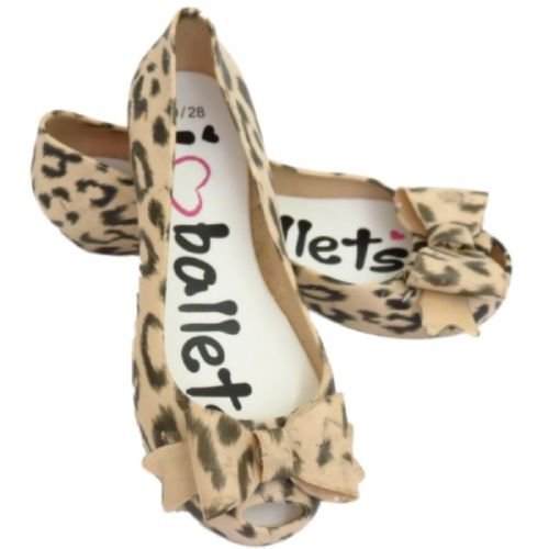 Kids Girls Beige Animal Print Bow Ballerina Rubber Casual Shoe UK infant 12