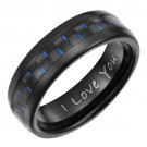 Judd Mens New Black 7mm Tungsten Ring Engraved I Love You With Blue Carbon Fiber
