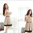 Fashion Lotus Leaf Sleeve Round Neck Chiffon Dress With Belt Khaki