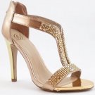 New Women Gold Open Toe Strappy Heels with rhinestone Size 9
