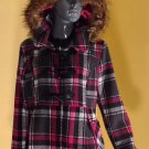 NWT Dollhouse Juniors Plaid Faux Fur Trim Hooded Wool Blend Coat, Size XL