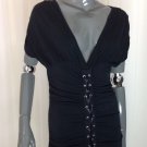 Dots Black Deep V Neck Ruched Snug Fit Tunic Top, Size Medium