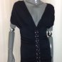 Dots Black Deep V Neck Ruched Snug Fit Tunic Top, Size Medium