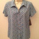 NWT Laura Scott Light Blue Patterned Button Front Blouse, Size 10