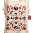 NWT NorthCrest Cotton Cream Floral Print Smocked Trim Tunic Top, Large