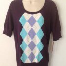 NWT Merona Short Sleeved Purple Argyle Women's Sweater Top, Size Large