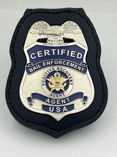 Bail Certified Fugitive Recovery Agent Metal Badge 2 3/4 inch & Leather Holder