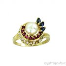 DIAMOND RUBY, EMERALD & PEARL RING 14K YELLOW GOLD