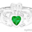 CLADDAGH RING 14K YELLOW OR WHITE GOLD SIMULATED EMERALD LUCKY - MAY BIRTHSTONE