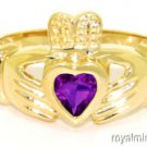 CLADDAGH RING 14K YELLOW OR WHITE GOLD SIMULATED AMETHYST LUCKY - FEBRUARY
