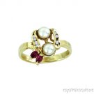 DOUBLE PEARL, RUBY & DIAMOND RING 14K YELLOW GOLD