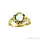 DIAMOND, EMERALD & PEARL RING 14K YELLOW GOLD