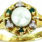 DIAMOND, EMERALD & PEARL RING 14K YELLOW GOLD