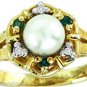 DIAMOND, EMERALD & PEARL RING 14K YELLOW GOLD