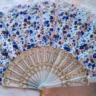 Folding Fan, Blue & White floral, White lace by "Silk Breeze"