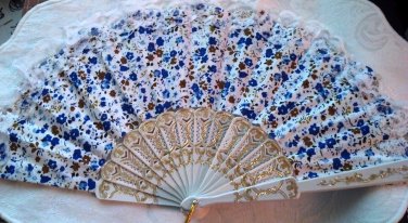 Folding Fan, Blue & White floral, White lace by "Silk Breeze"