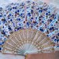 Folding Fan, Blue & White floral, White lace by "Silk Breeze"